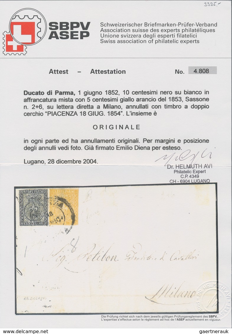 Italien - Altitalienische Staaten: Parma: 1854, 5 C Yellow (slightly Cut In At Two Sides) And 25 C B - Parma