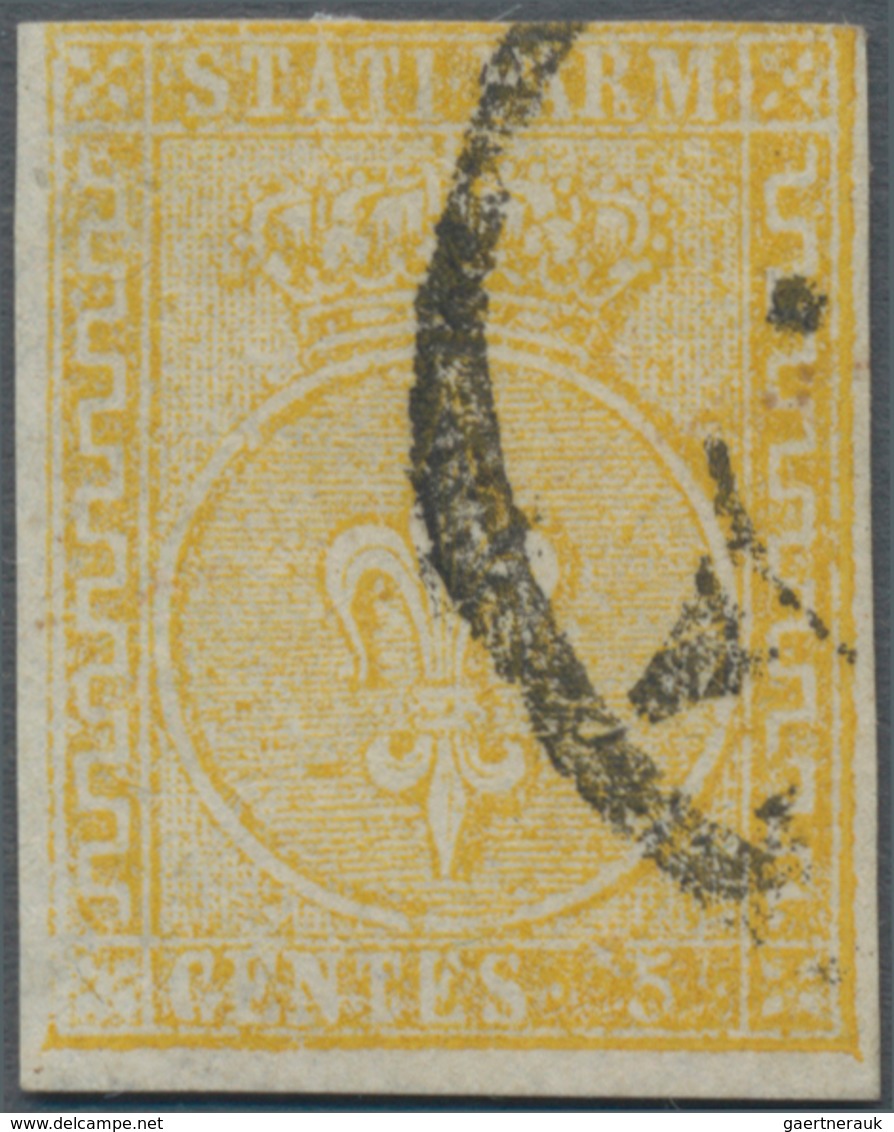 Italien - Altitalienische Staaten: Parma: 1854, 5 Cent. Yellow Cancelled, Three Sides Full Margins, - Parma