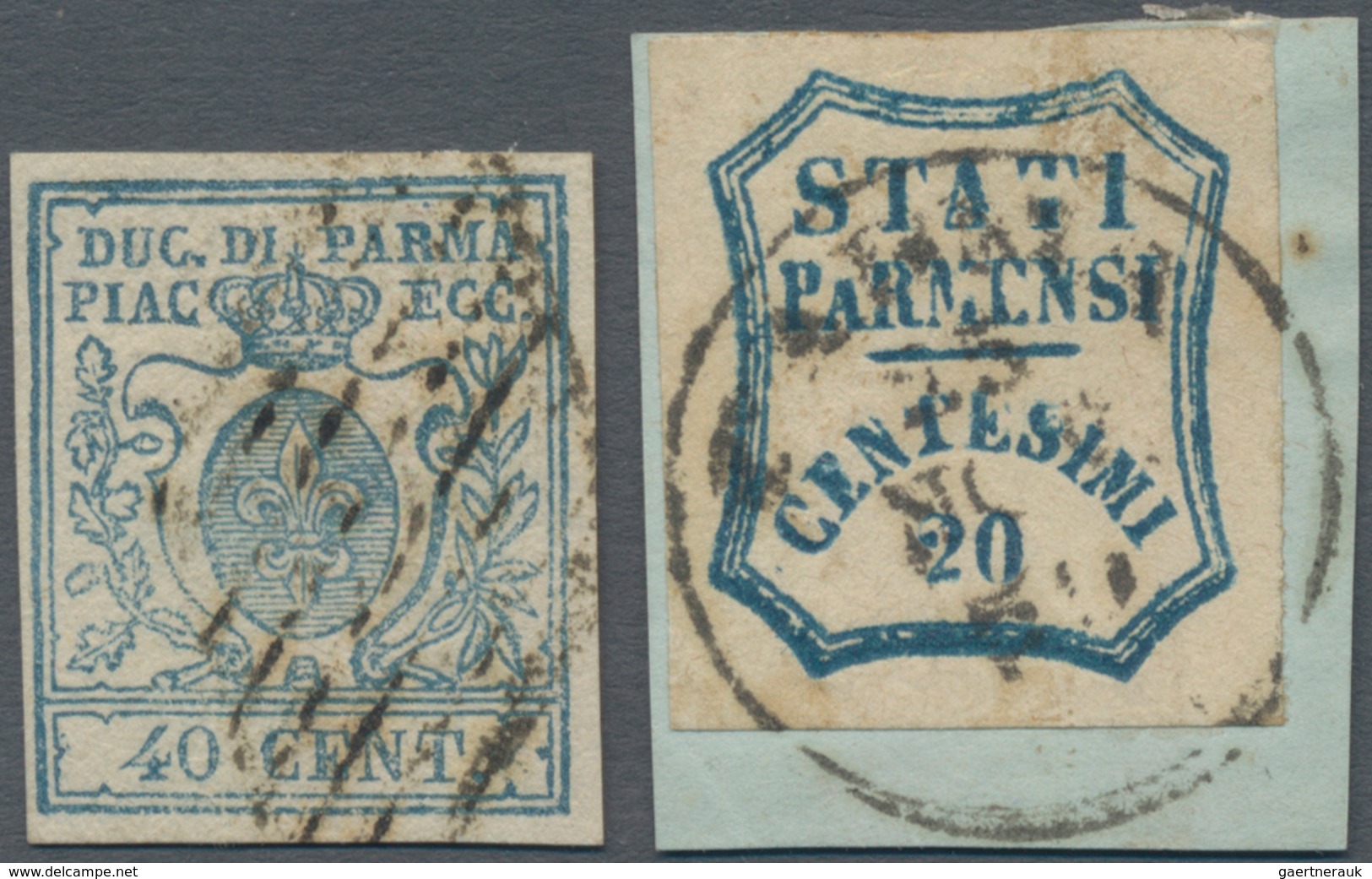 Italien - Altitalienische Staaten: Parma: 1857-59, Two Used Stamps, With 1857 40c. Blue Cancelled By - Parma