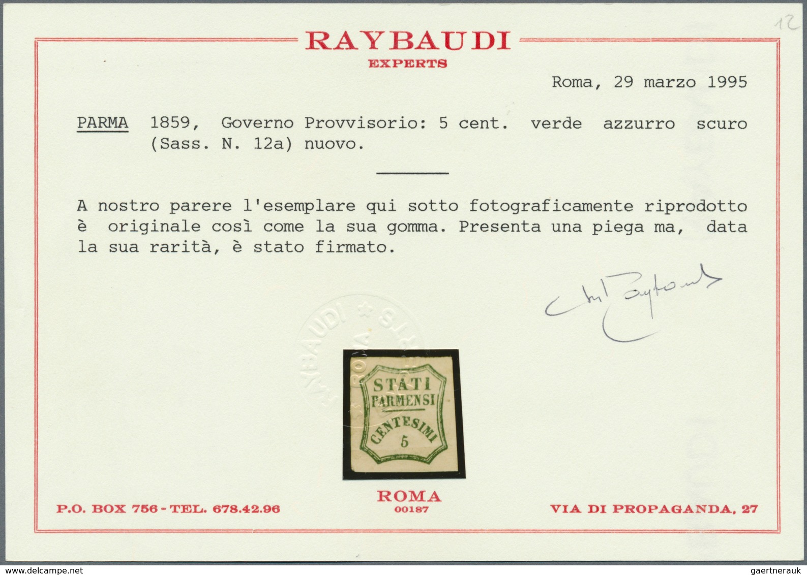Italien - Altitalienische Staaten: Parma: 1859, Provisional Government, 5 C Deep Blue-green, Mint Wi - Parma