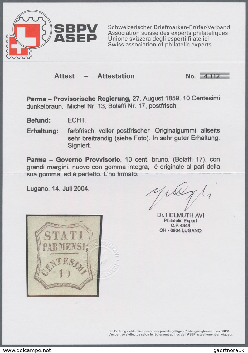 Italien - Altitalienische Staaten: Parma: 1859, 10 C Dark-brown Mint Never Hinged, Very Wide Margins - Parma