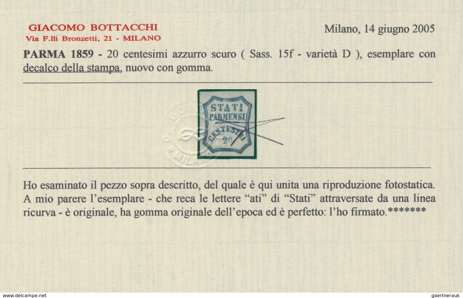 Italien - Altitalienische Staaten: Parma: 1859, 20 Cent Dark Blue Mint With Original Gum, "A" And "I - Parma