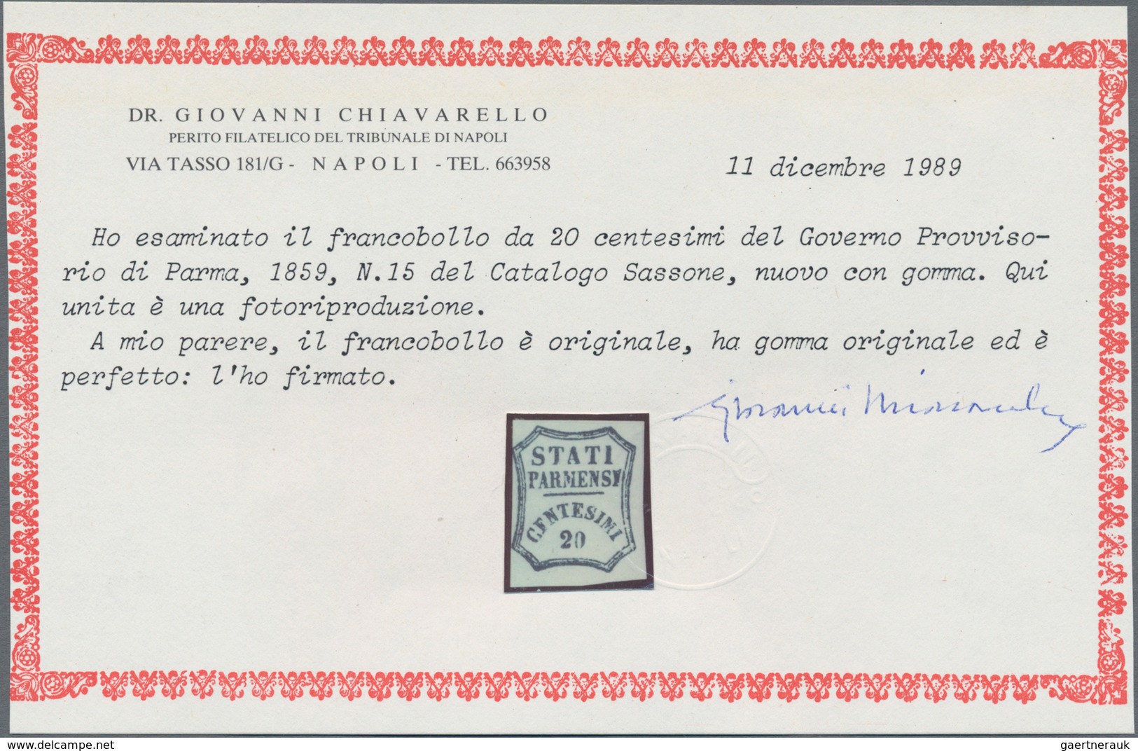 Italien - Altitalienische Staaten: Parma: 1859, 20 Cent. Blue Mint With Original Gum In Good Conditi - Parma