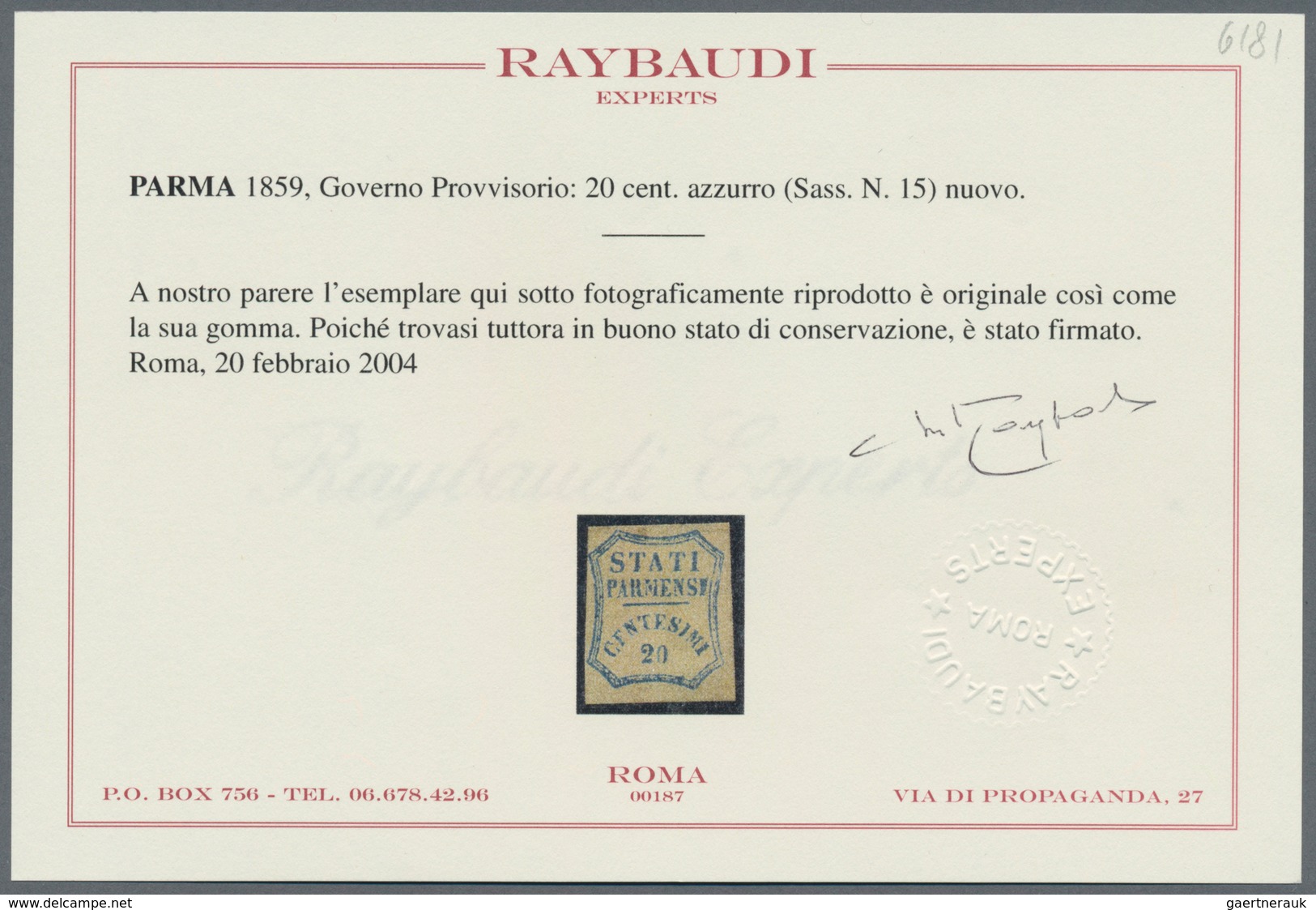 Italien - Altitalienische Staaten: Parma: 1859, 20 C Blue Unused With Parts Of Original Gum, Still I - Parma