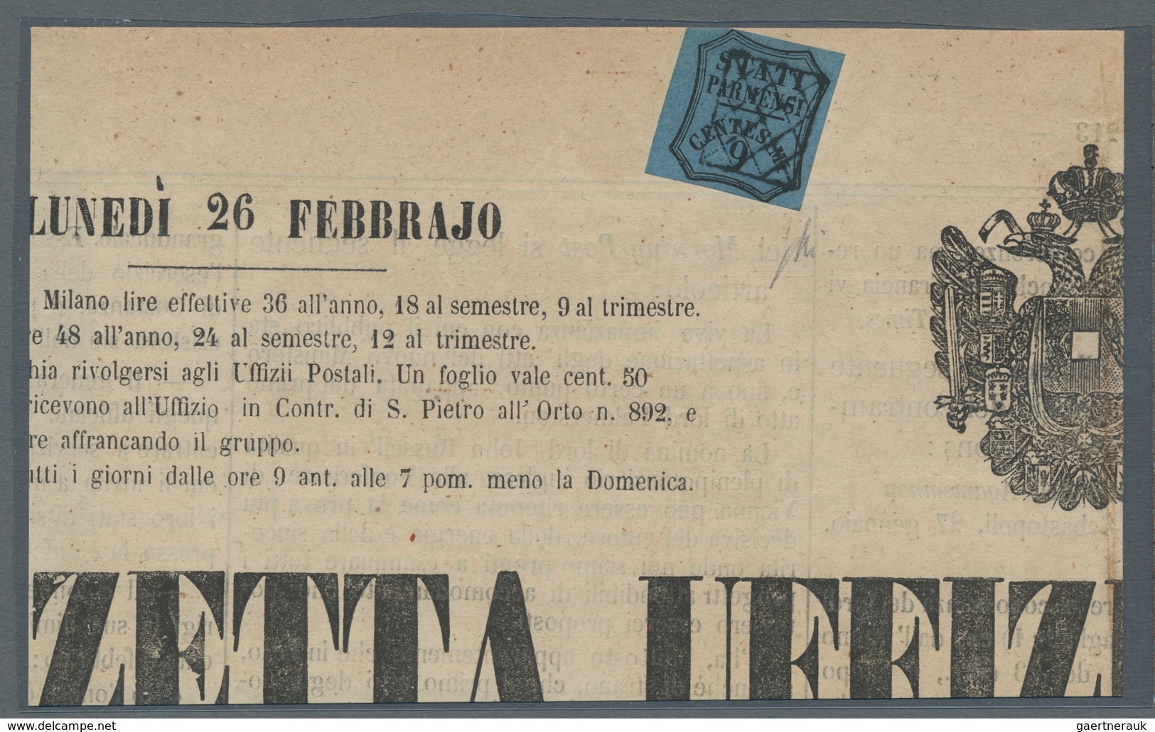 Italien - Altitalienische Staaten: Parma - Zeitungsstempelmarken: 1853, Segnatasse Per Giornali 9 Ce - Parma