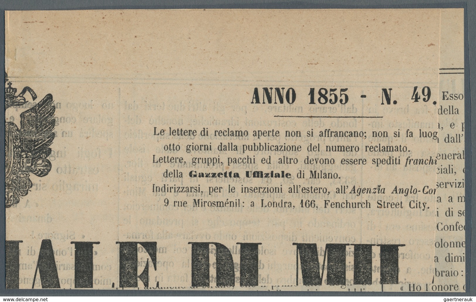 Italien - Altitalienische Staaten: Parma - Zeitungsstempelmarken: 1853, Segnatasse Per Giornali 9 Ce - Parma