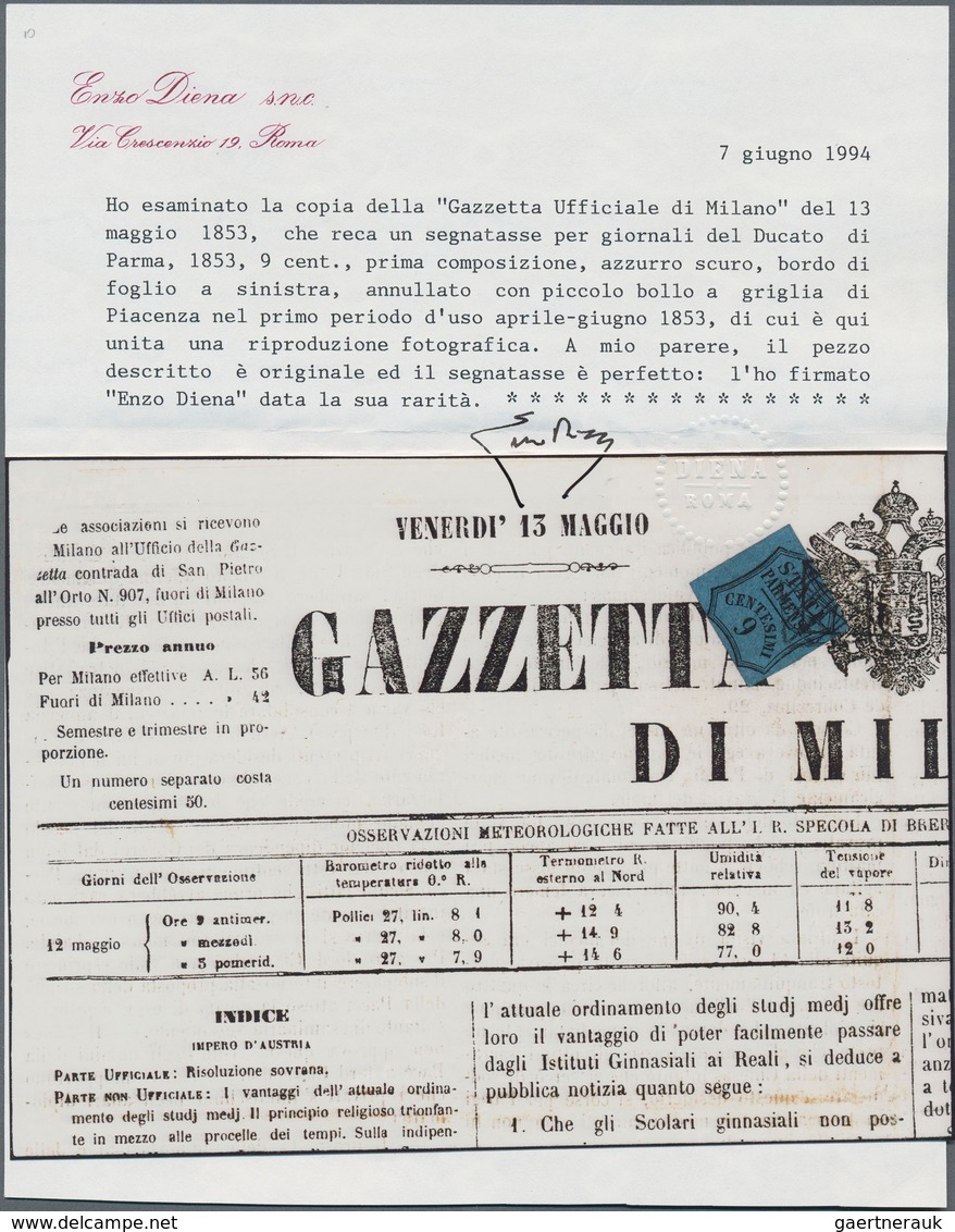 Italien - Altitalienische Staaten: Parma - Zeitungsstempelmarken: 1853, 9c. Blue, Deep Colour, Left - Parma