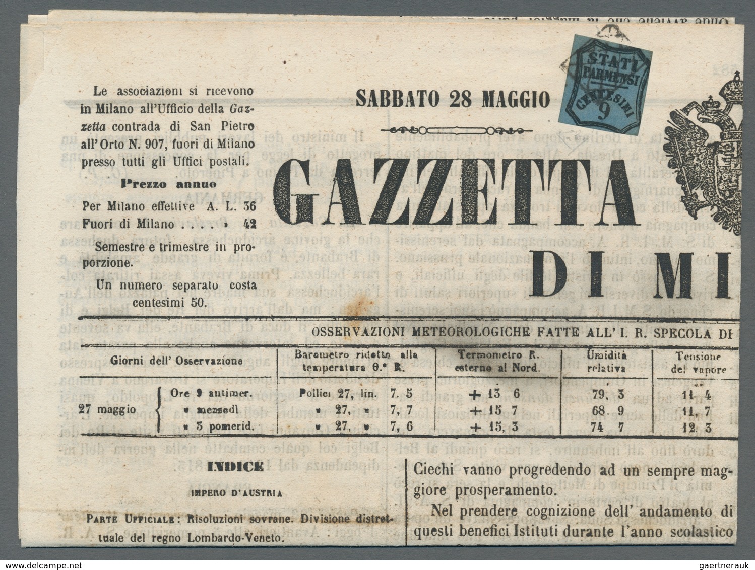 Italien - Altitalienische Staaten: Parma - Zeitungsstempelmarken: 1853, "9 C. Black On Blue", In Dee - Parma