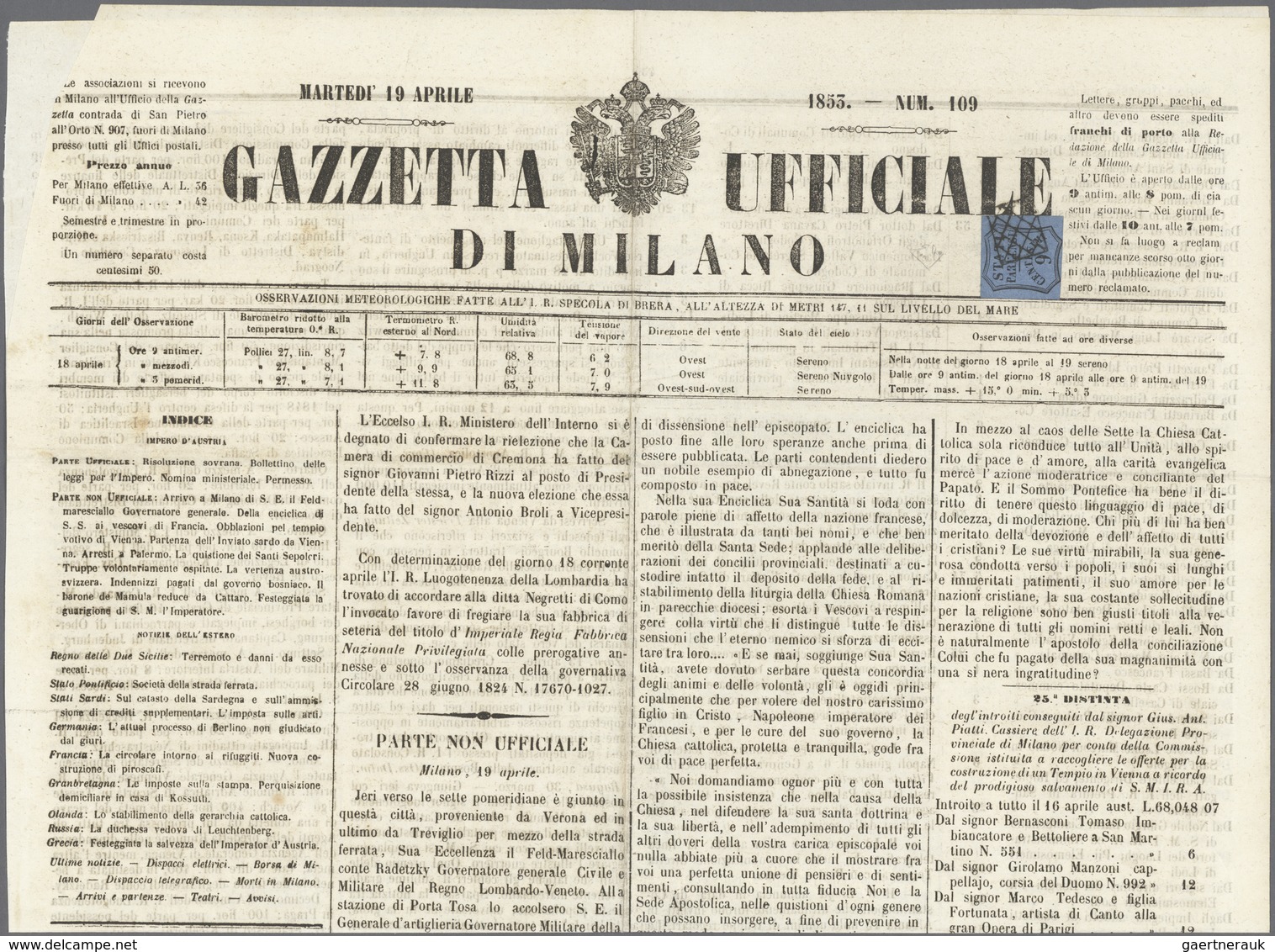 Italien - Altitalienische Staaten: Parma - Zeitungsstempelmarken: 1853, 9 C Black On Deep Blue, Good - Parme