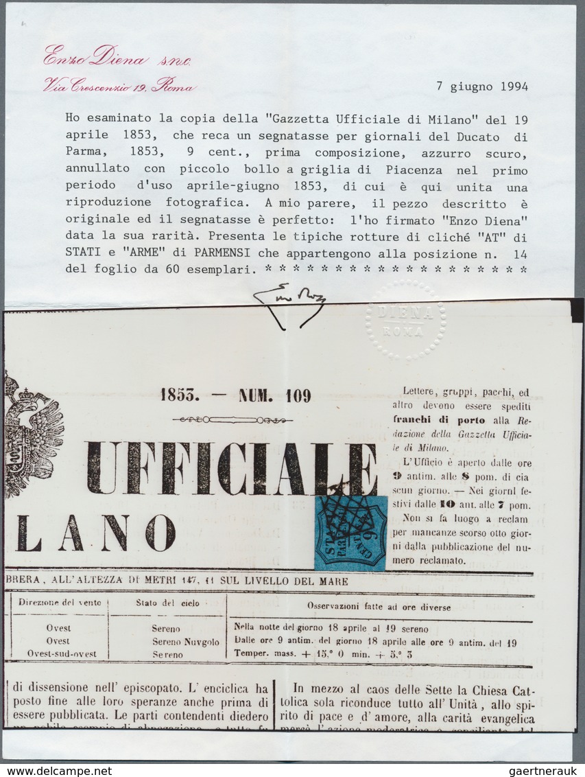 Italien - Altitalienische Staaten: Parma - Zeitungsstempelmarken: 1853, 9 C Black On Deep Blue, Good - Parma