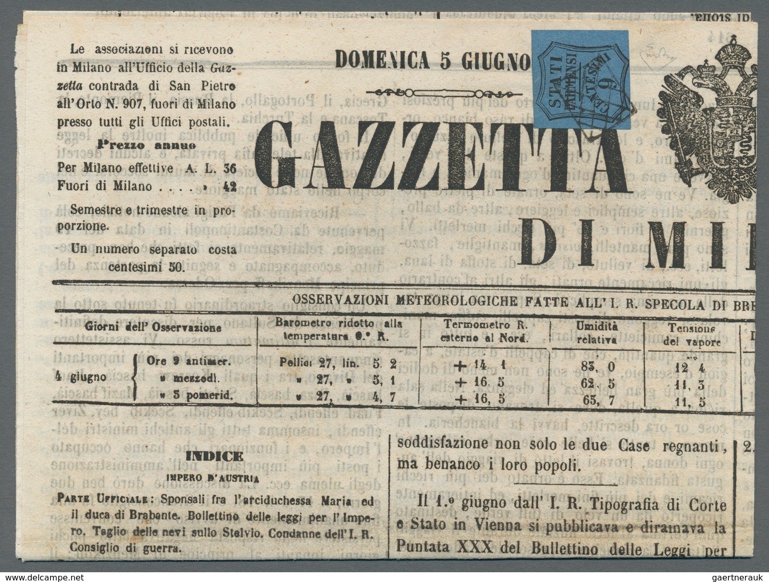 Italien - Altitalienische Staaten: Parma - Zeitungsstempelmarken: 1853, "9 C. Deep Blue (azzuro Scur - Parma