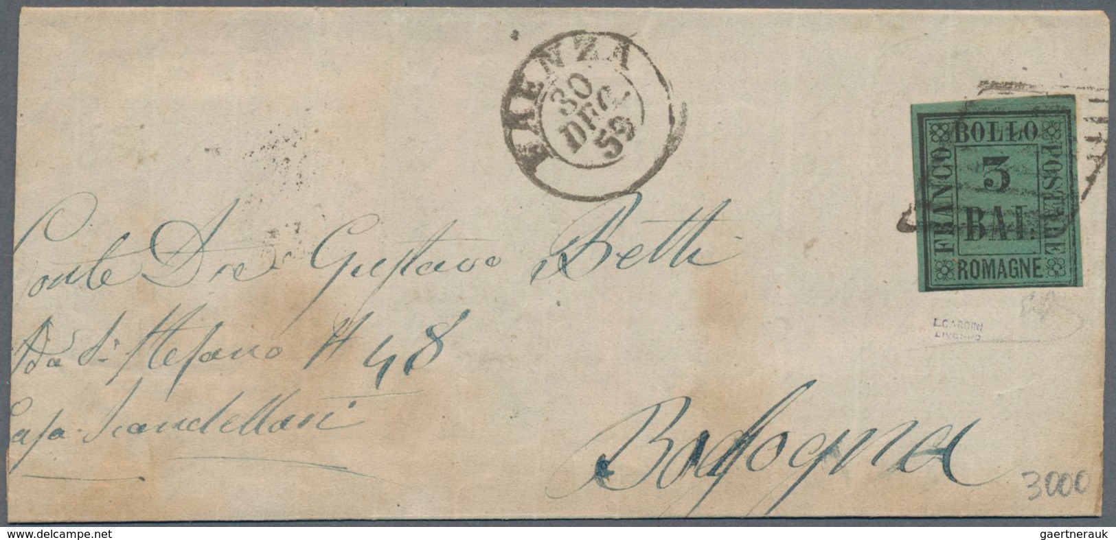 Italien - Altitalienische Staaten: Romagna: 1859, 3 Baj Black On Green Tied By Rhombus Cancel And Be - Romagna