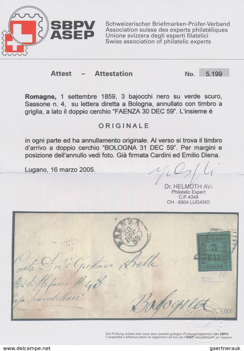 Italien - Altitalienische Staaten: Romagna: 1859, 3 Baj Black On Green Tied By Rhombus Cancel And Be - Romagna