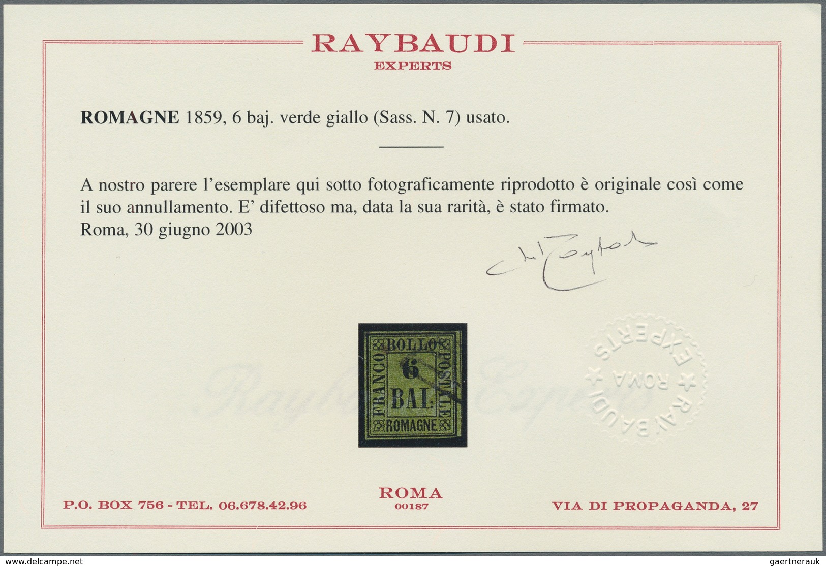 Italien - Altitalienische Staaten: Romagna: 1859, 6 Baj. Black On Yellowish Green, Cancelled By Papa - Romagna