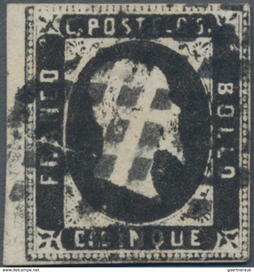 Italien - Altitalienische Staaten: Sardinien: 1851, 5 C Black Left Edge Piece With Dot Cancel, Small - Sardinia
