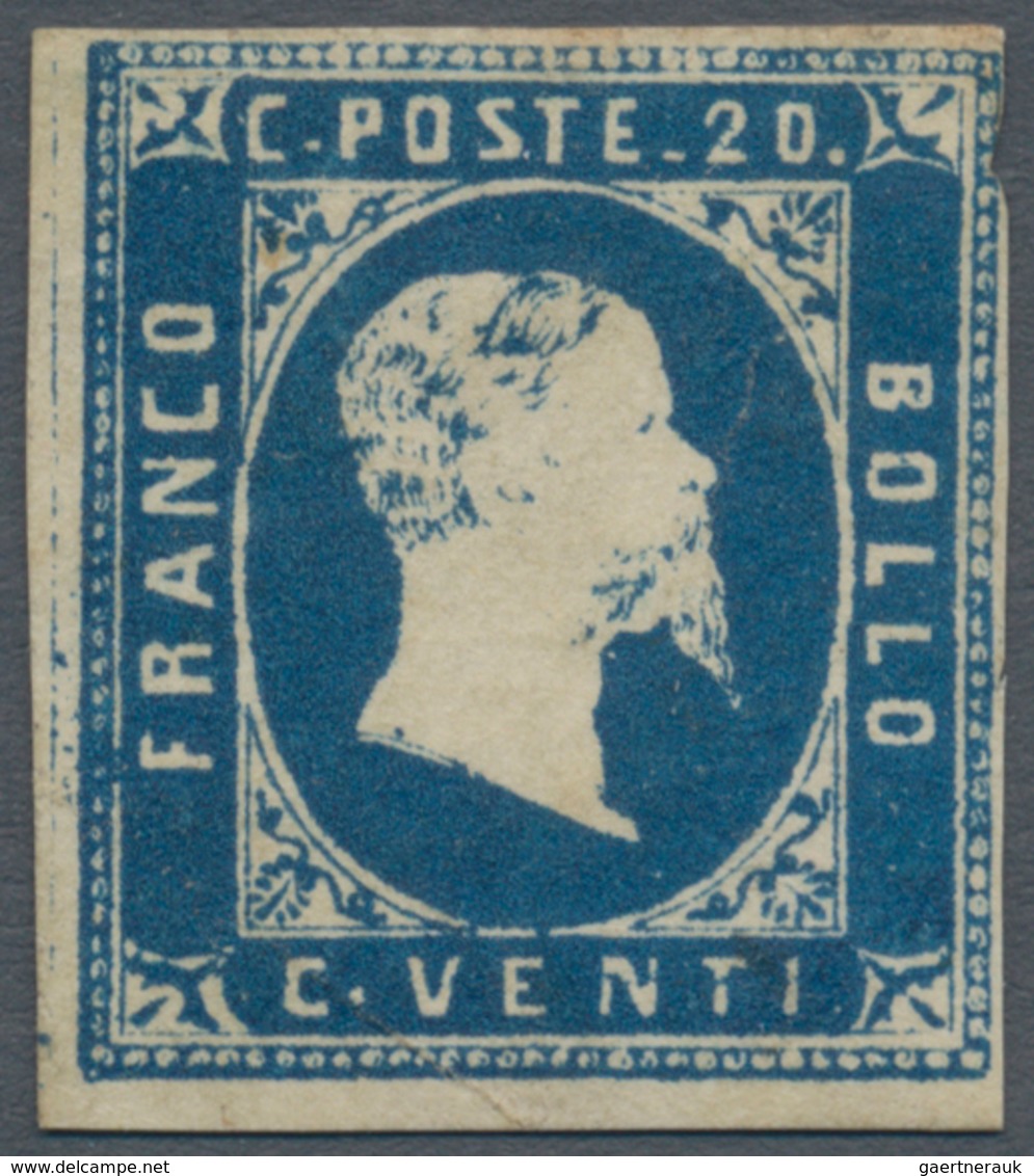 Italien - Altitalienische Staaten: Sardinien: 1851, 20c. Blue, Deep Intense Colour, Cut Into At Uppe - Sardinië