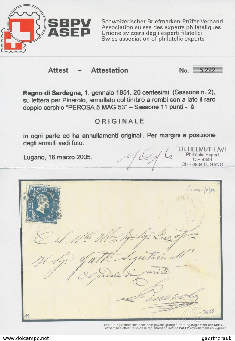 Italien - Altitalienische Staaten: Sardinien: 1851, 20 C Blue, Three Margins, Slightly Touched At Le - Sardinia