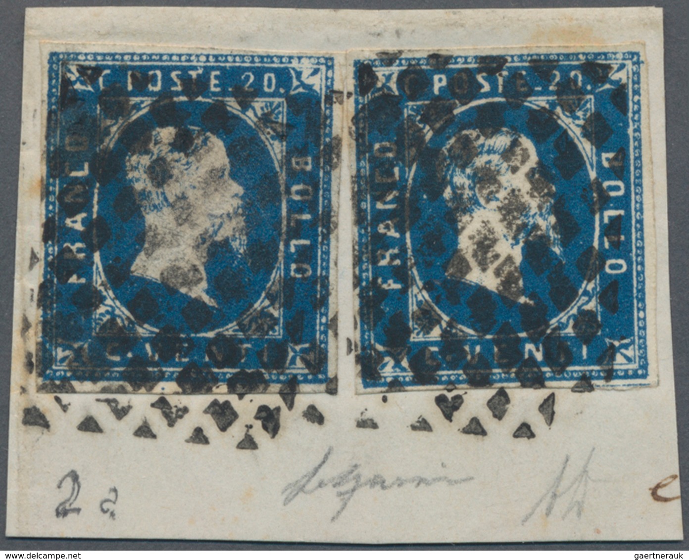 Italien - Altitalienische Staaten: Sardinien: 1851, 20 C Blue, Two Singles, Each Tied By Neat Mute R - Sardinië