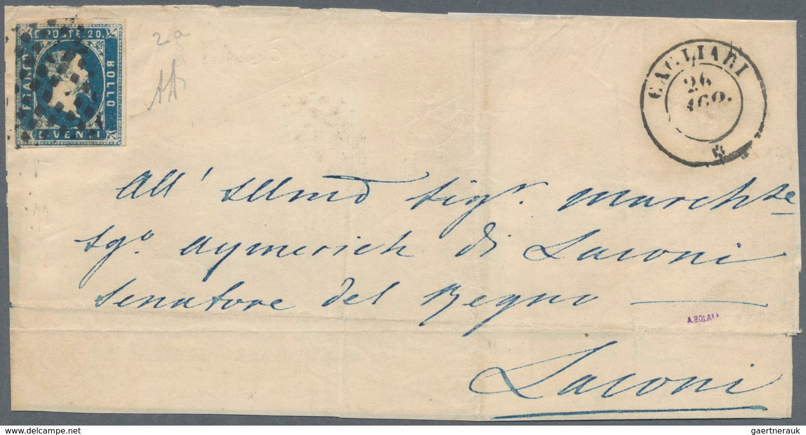 Italien - Altitalienische Staaten: Sardinien: 1851, 20 C Blue Single Franking Tied By Dot Cancel And - Sardinia