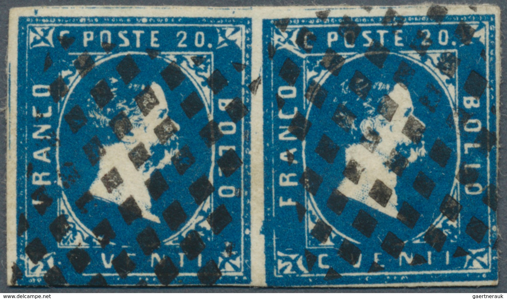 Italien - Altitalienische Staaten: Sardinien: 1851, 20 C Deep Blue, Second Report, Horizontal Pair, - Sardinia