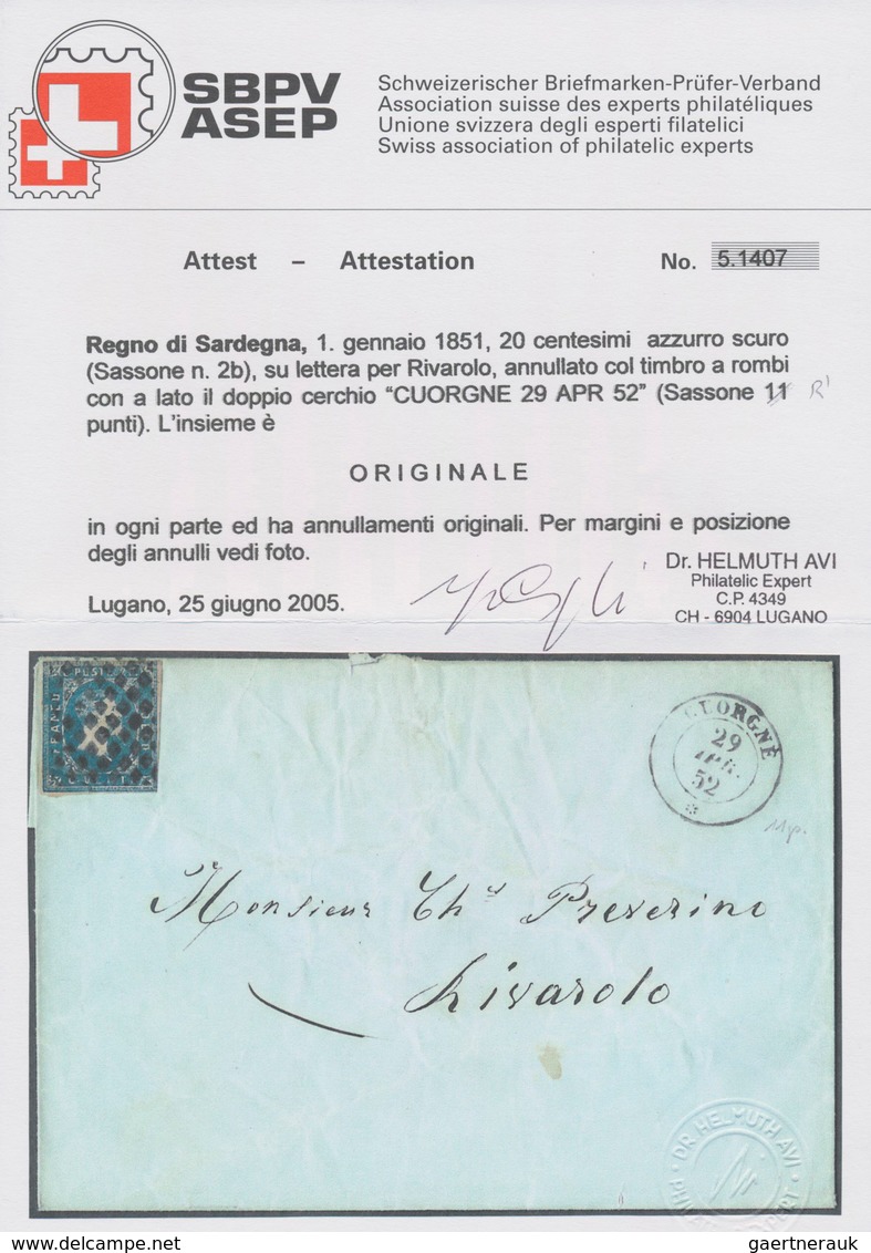 Italien - Altitalienische Staaten: Sardinien: 1851, 20 C Dark Blue Single Franking Cancelled With Do - Sardinia