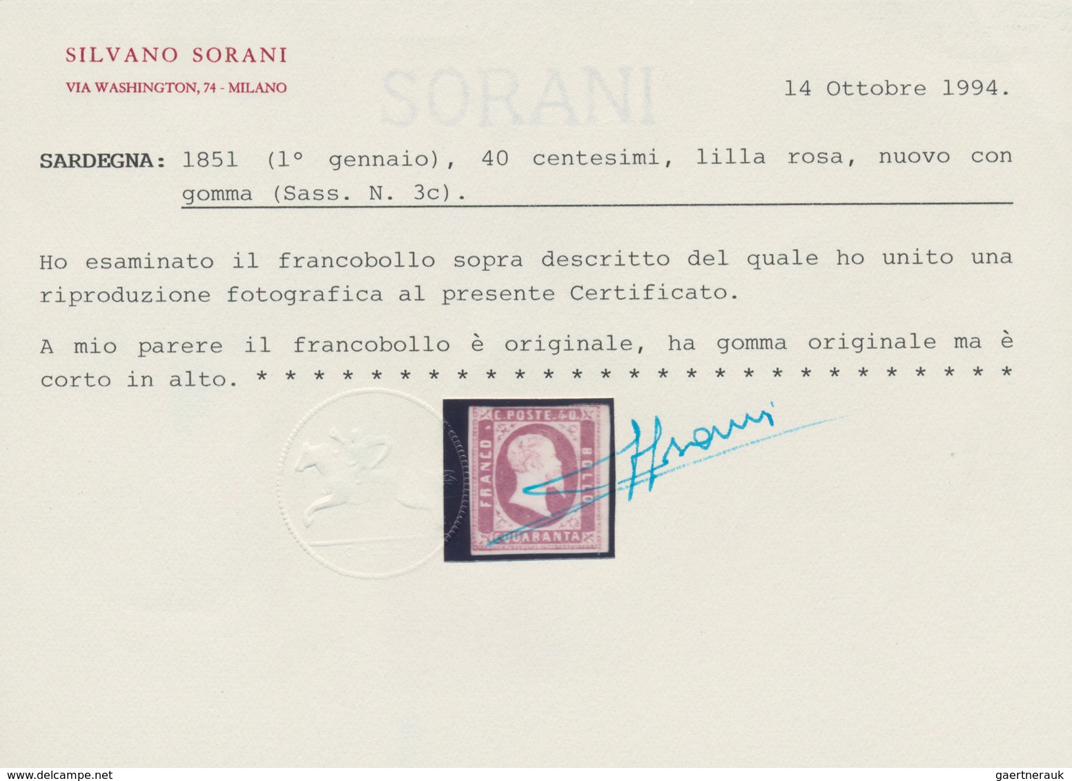 Italien - Altitalienische Staaten: Sardinien: 1851: 40 Cents Lilac Pink, Mint With Gum, Short At The - Sardinia