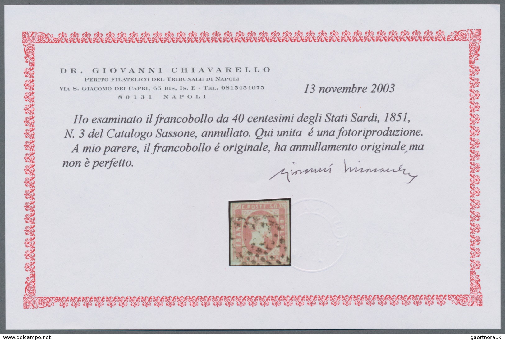 Italien - Altitalienische Staaten: Sardinien: 1851, 40 Cent. Rose Cancelled With Dot Stamp, On Botto - Sardinia