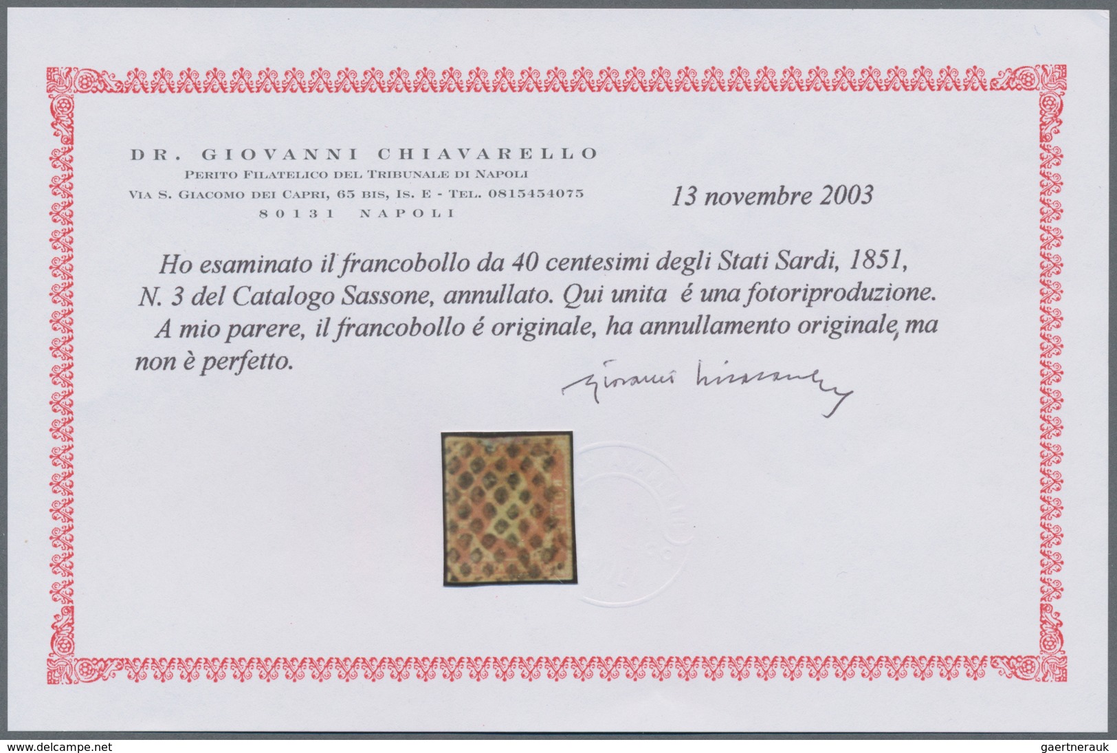 Italien - Altitalienische Staaten: Sardinien: 1851. 40 Centesimi Rose, Cancelled By Mute Sarde Rhomb - Sardinia