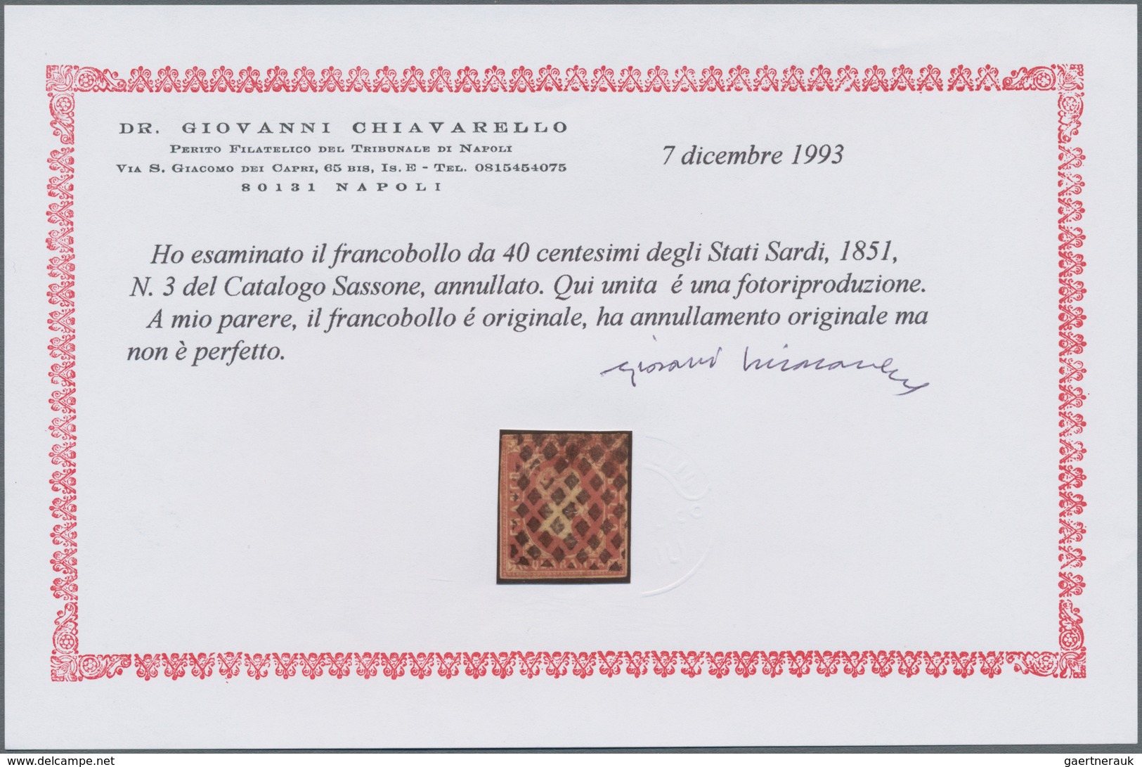 Italien - Altitalienische Staaten: Sardinien: 1851, 40 C Rose Cancelled With Dot Cancel, Partly Smal - Sardinien