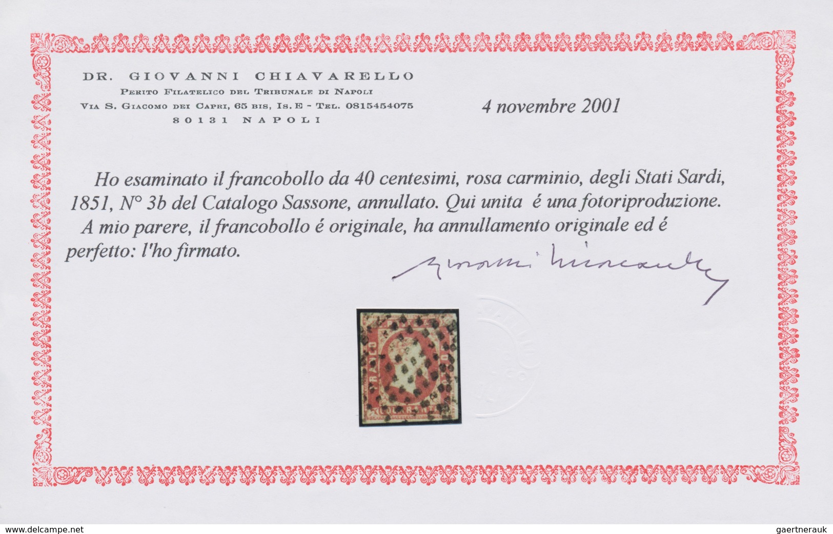 Italien - Altitalienische Staaten: Sardinien: 1851: 40 Cent. Carmine Rose Cancelled By Mute Rhombes, - Sardinia