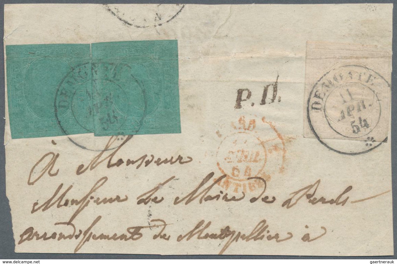 Italien - Altitalienische Staaten: Sardinien: 1853, Two Items 5 C Blue-green Tied By Double Circle C - Sardinia