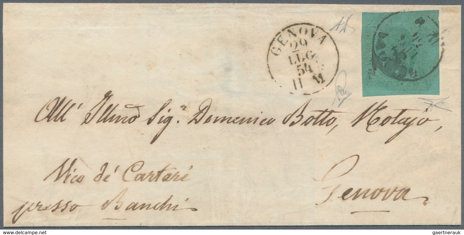 Italien - Altitalienische Staaten: Sardinien: 1853, 5 C Blue-green Tied By Circle Cancel GENOVA On F - Sardinia