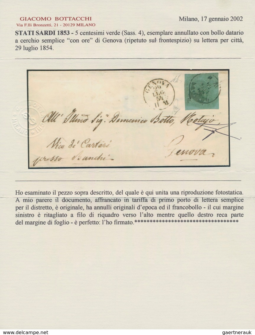 Italien - Altitalienische Staaten: Sardinien: 1853, 5 C Blue-green Tied By Circle Cancel GENOVA On F - Sardinia