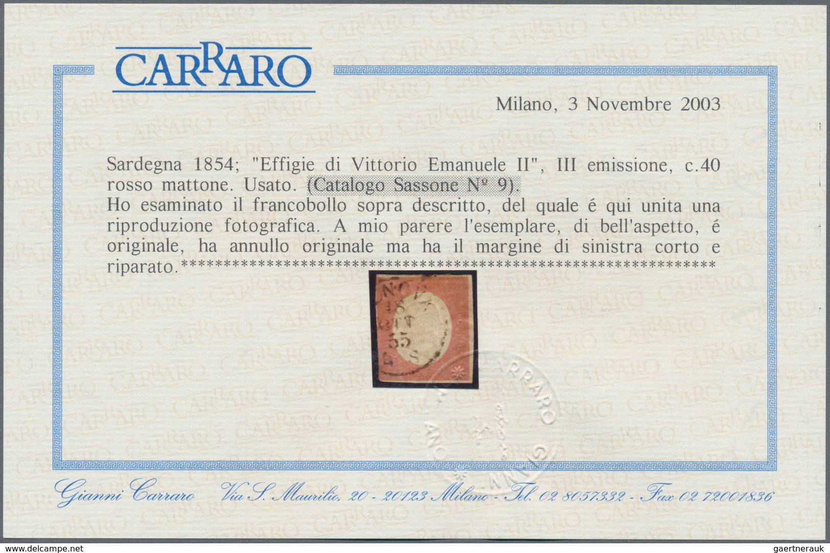 Italien - Altitalienische Staaten: Sardinien: 1854, 40 C Vermillion Cancelled With Circle Postmark, - Sardinia