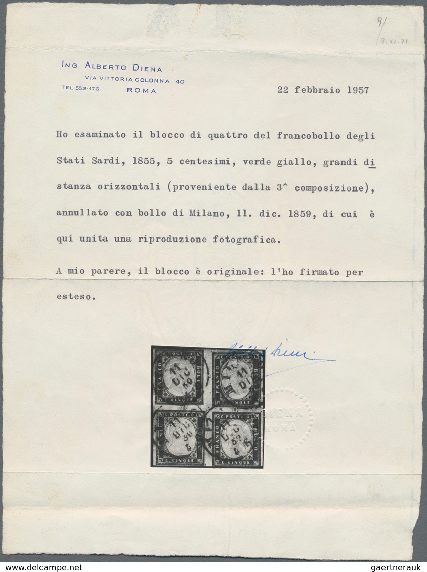 Italien - Altitalienische Staaten: Sardinien: 1855, 5 C Yellow-green In Block Of Four, Each Stamp Ca - Sardinia