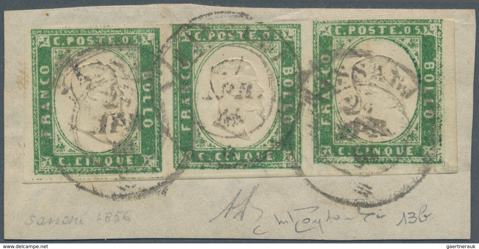 Italien - Altitalienische Staaten: Sardinien: 1859, 5 Cent. Bright Yellow Green Horizontal Stripe Of - Sardinia