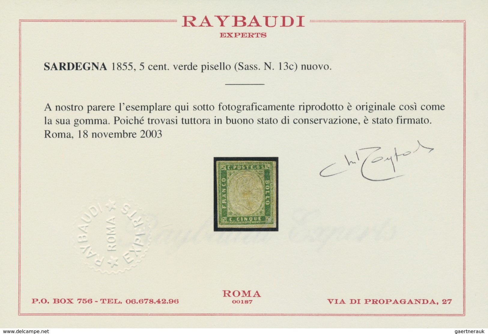 Italien - Altitalienische Staaten: Sardinien: 1855, 5 Cent. Verde Pisello (green) Mint With Parts Of - Sardinia