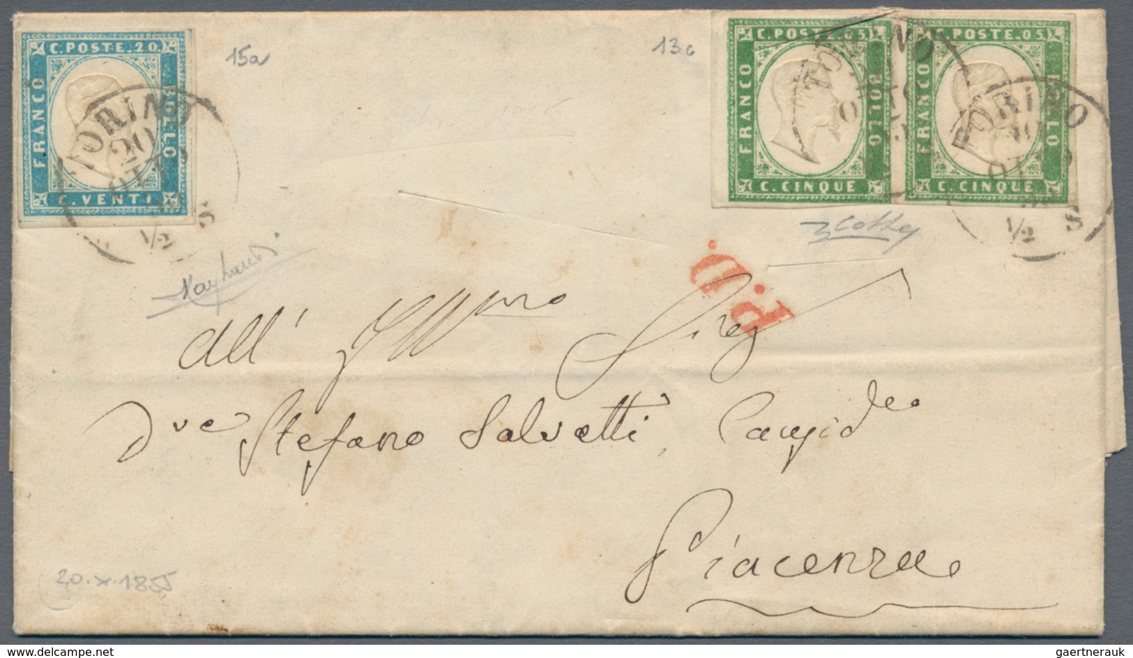 Italien - Altitalienische Staaten: Sardinien: 1855: 5 Cents, Pea Green, Horizontal Pair And 20 Cents - Sardinia