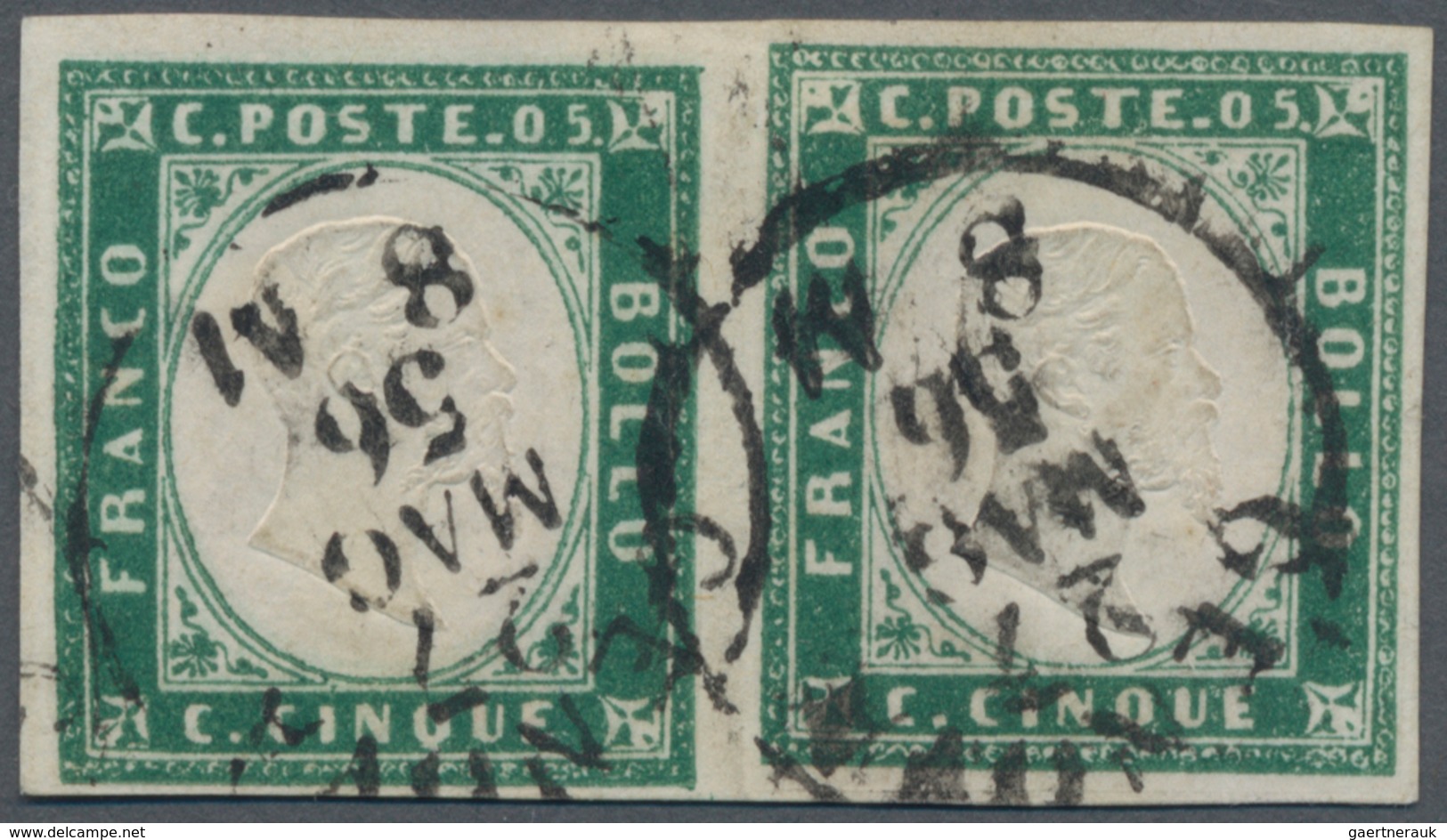 Italien - Altitalienische Staaten: Sardinien: 1856, 5 C Blue-green Horizontal Pair Cancelled With Ci - Sardinia