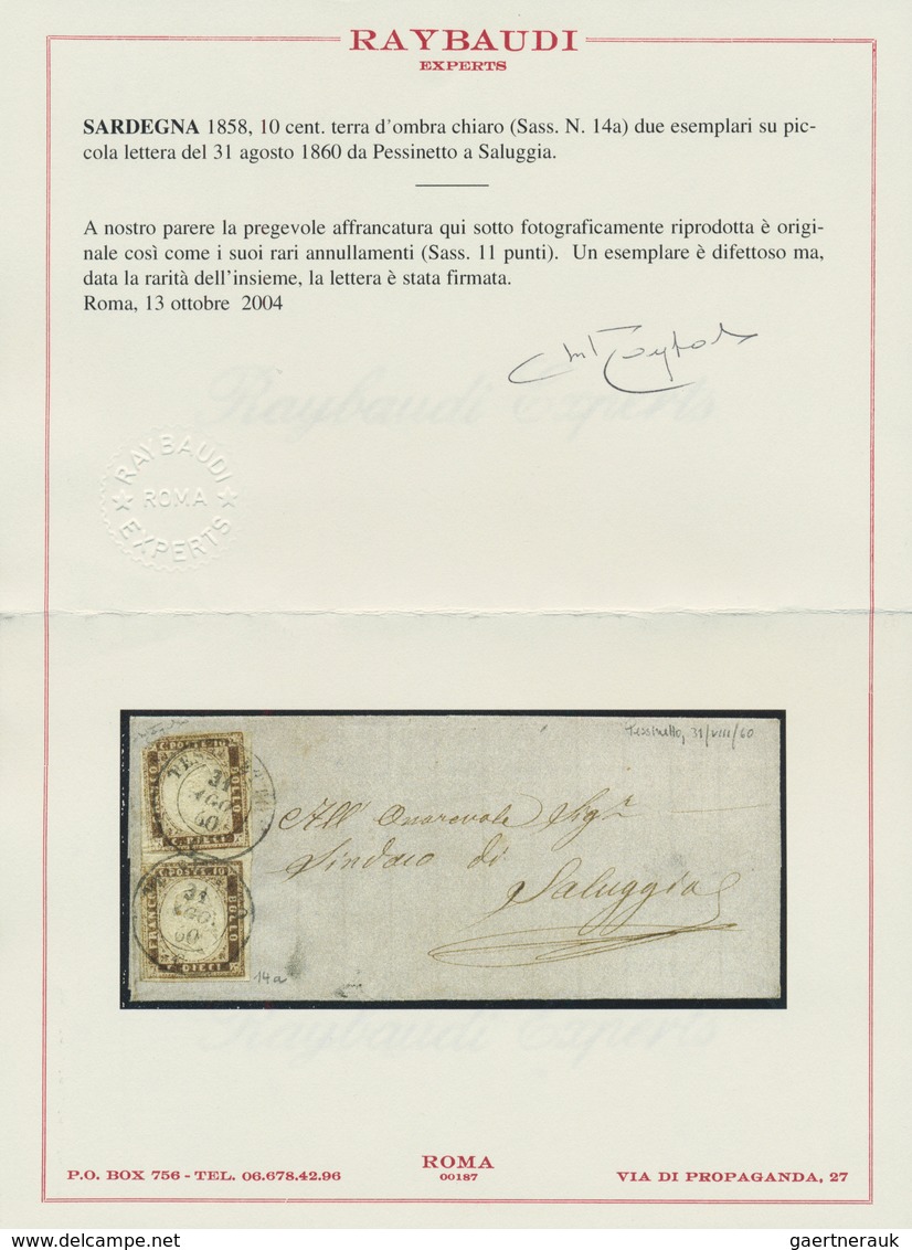 Italien - Altitalienische Staaten: Sardinien: 1858, 10 Cents Umbra, 2x (1 Cornerfault) On A Small Le - Sardinia