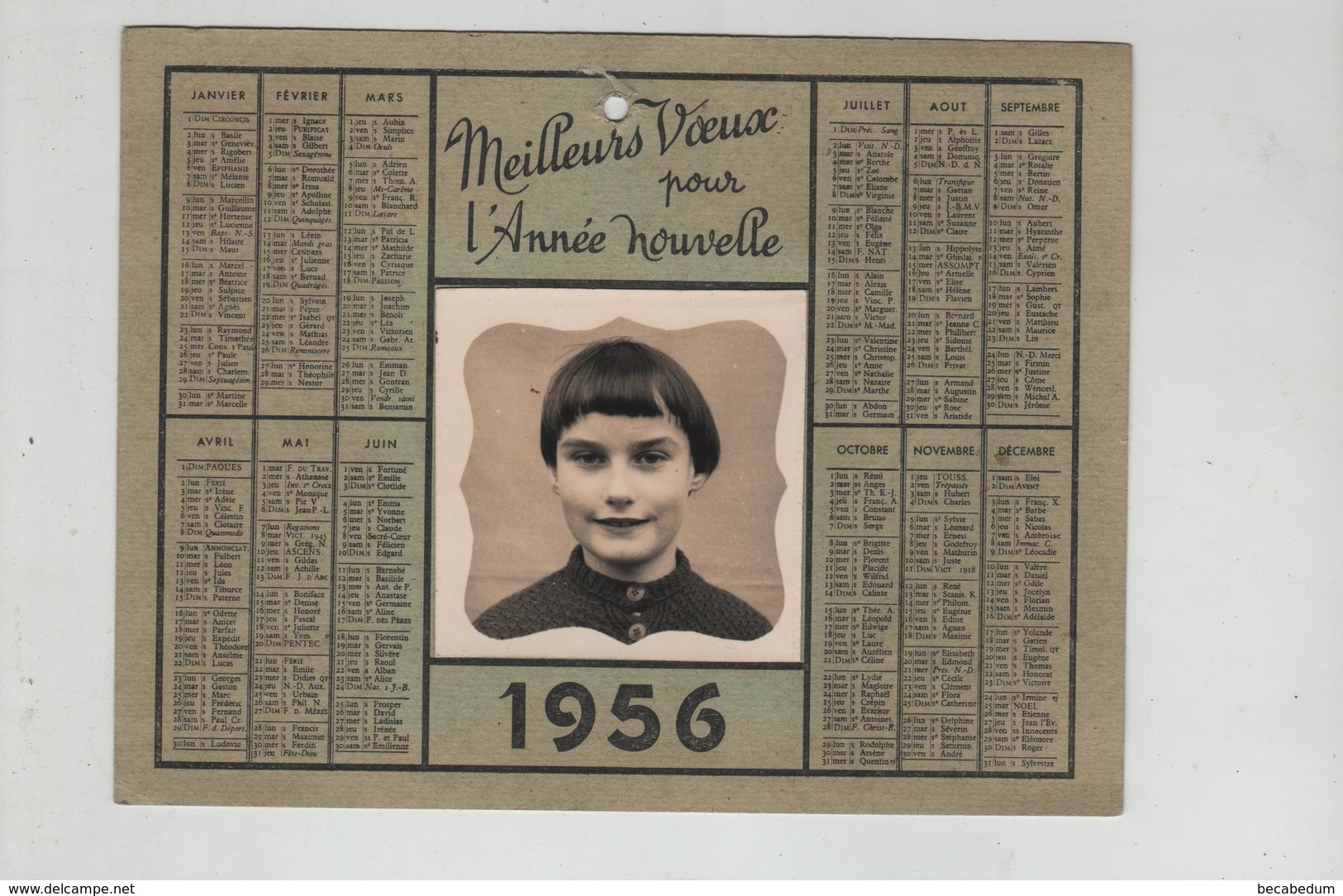 Calendrier Meilleurs Voeux Pour L'Année Nouvelle 1956 Photo Jeune Fille Collée - Other & Unclassified