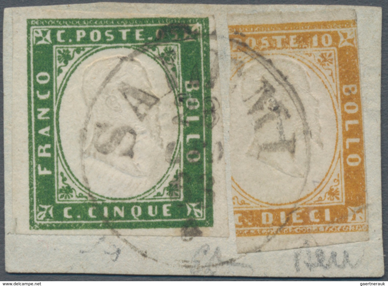 Italien - Altitalienische Staaten: Sardinien: 1855, 5 C Dark Green Mixed Franking With 10 C Ochre-br - Sardinia