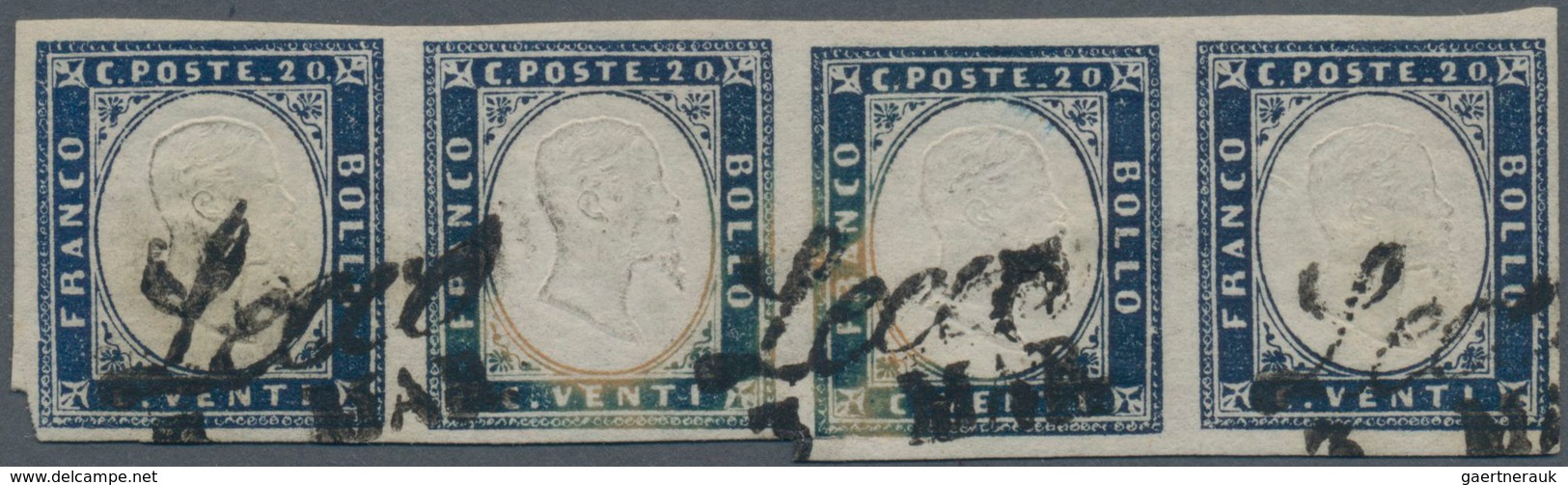 Italien - Altitalienische Staaten: Sardinien: 1859, 20 C Indigio In Horizontal Stripe Of Four Cancel - Sardinia