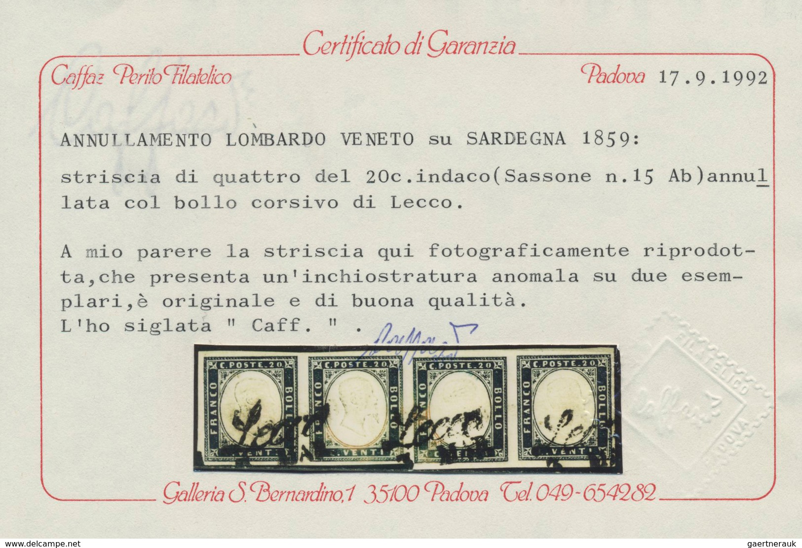 Italien - Altitalienische Staaten: Sardinien: 1859, 20 C Indigio In Horizontal Stripe Of Four Cancel - Sardinia