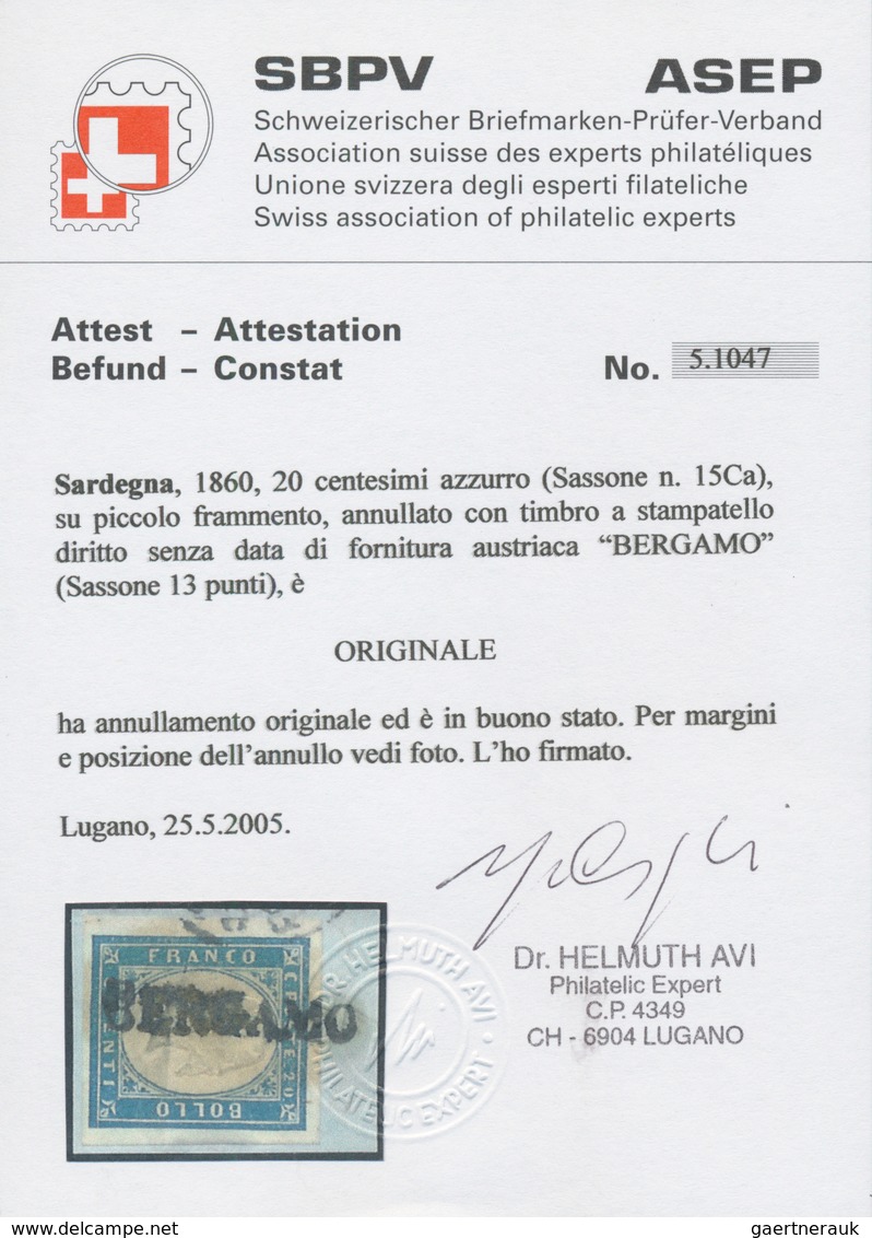 Italien - Altitalienische Staaten: Sardinien: 1860, 20 C Blue, Full Margins, Tied By Black Single-li - Sardinia