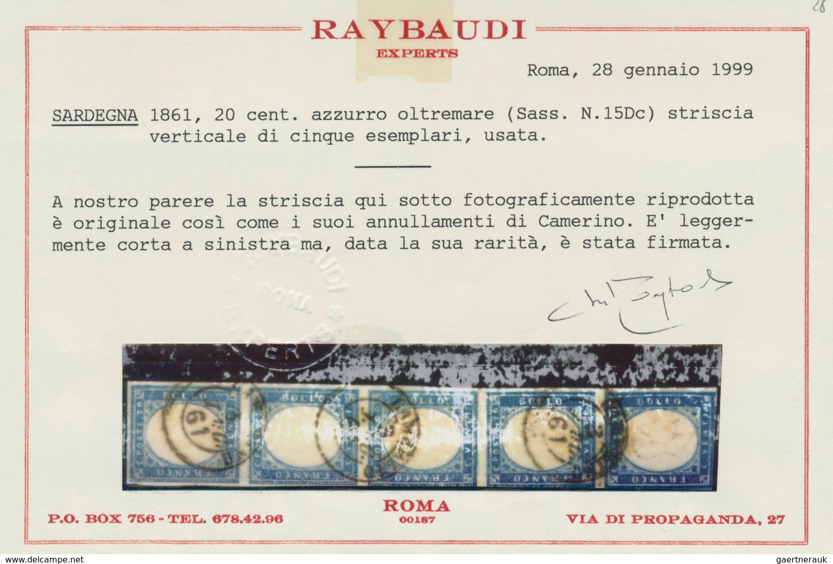 Italien - Altitalienische Staaten: Sardinien: 1861, 20 C Ultramarine In Vertical Stripe Of Five Canc - Sardinien