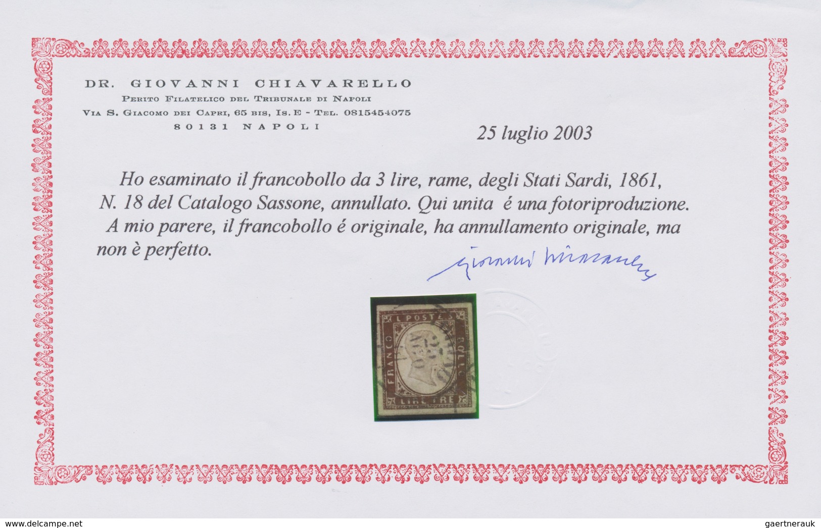 Italien - Altitalienische Staaten: Sardinien: 1861, 3l. Bronze, Fresh Colour, Full Margins, Neatly C - Sardinien