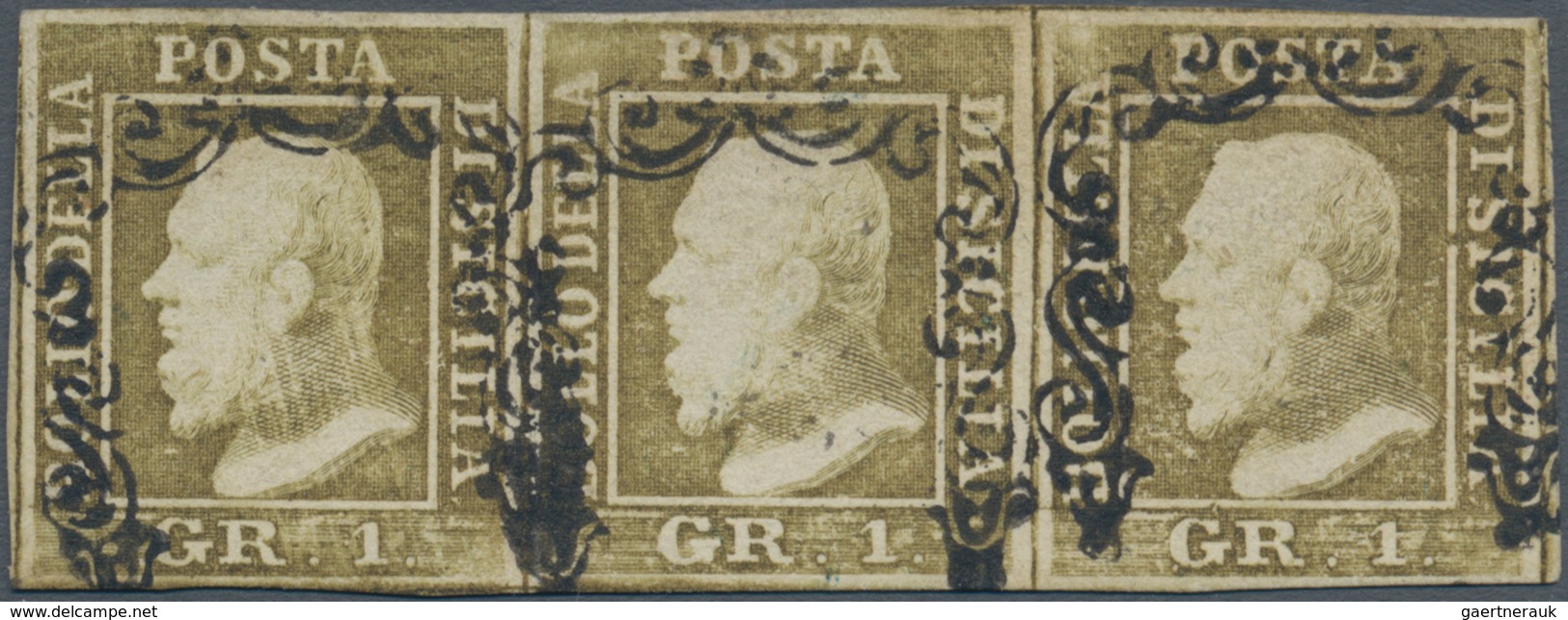 Italien - Altitalienische Staaten: Sizilien: 1859, 1 Gr Brown-olive In Horizontal Stripe Of Three Ca - Sicilië