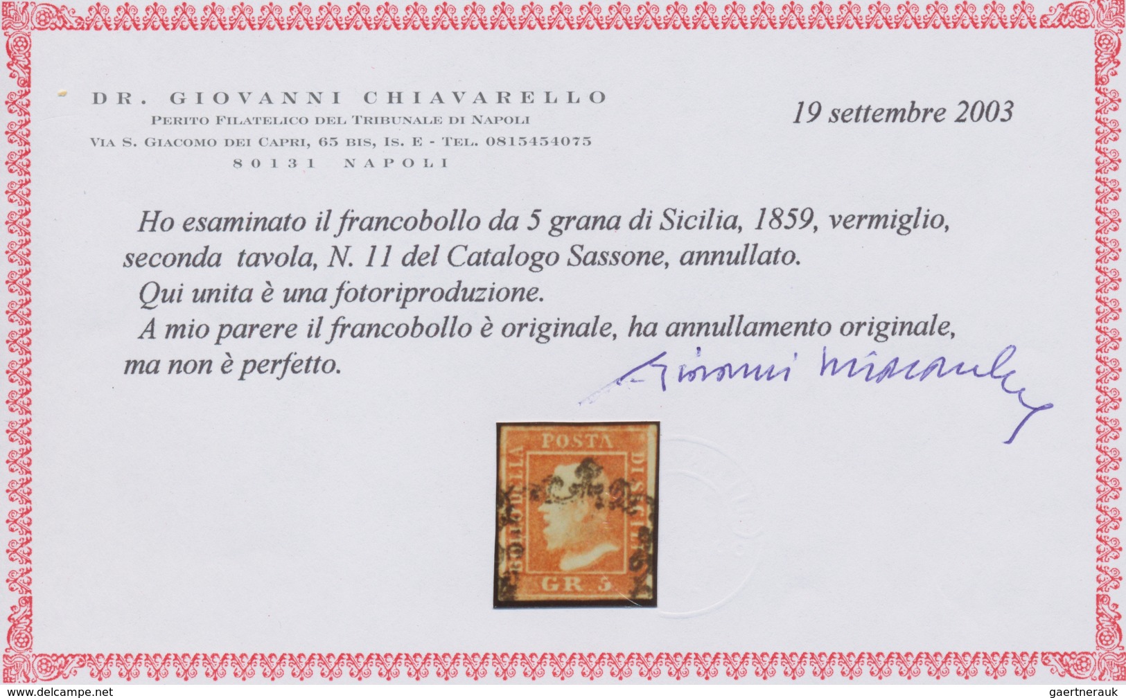 Italien - Altitalienische Staaten: Sizilien: 1859, 5 Gr Vermilion Second Plate Cancelled With Sicili - Sizilien