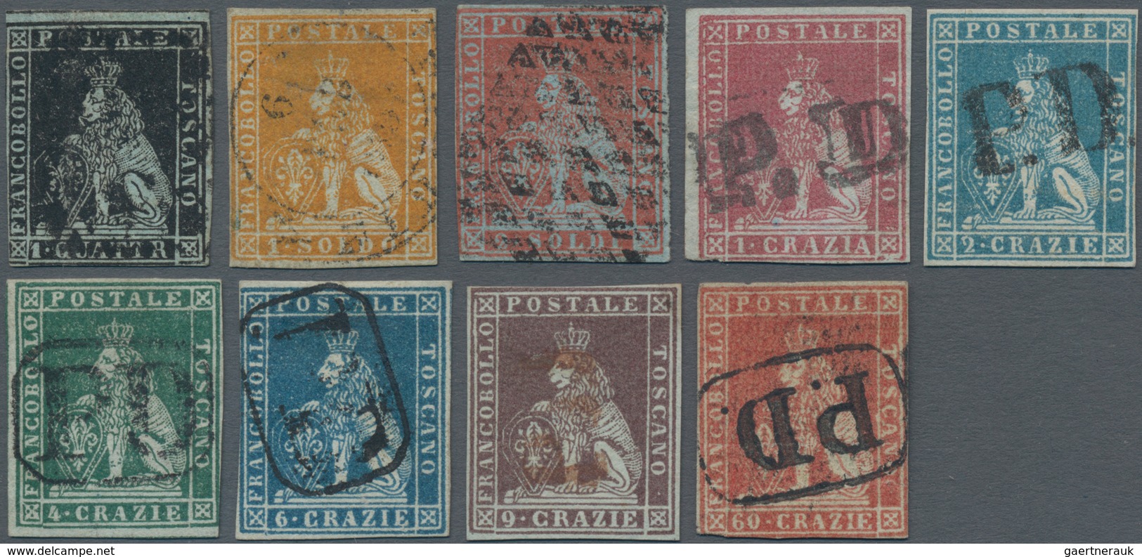 Italien - Altitalienische Staaten: Toscana: 1851, 1 Qu To 9 Cr Complete Set Of Nine Items Cancelled, - Tuscany